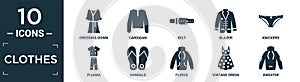 filled clothes icon set. contain flat dressing gown, cardigan, belt, blazer, knickers, pijama, sandals, fleece, vintage dress,