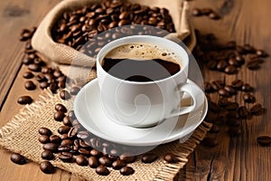 a filled coffee cup next to coffee beans on light wooden table