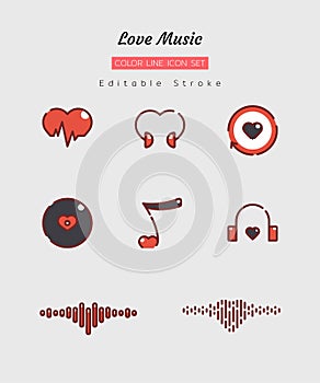 Filled color line icon symbol set, music love, heart wave, sound, Isolated flat vector design, editable stroke