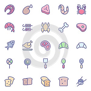 Filled color outline icons for food.