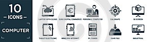 filled computer icon set. contain flat laptop with cloud data, euro digital commerce, personal computer and worker, calibrate, 3d