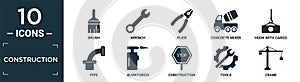 filled construction icon set. contain flat brush, wrench, plier, concrete mixer, hook with cargo, pipe, blowtorch, construction,