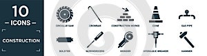 filled construction icon set. contain flat circular saw, crowbar, construction works, cone, gas pipe, bolster, screwdrivers,