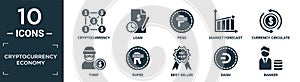 filled cryptocurrency economy icon set. contain flat cryptocurrency, loan, peso, market forecast, currency circulate, thief, rupee