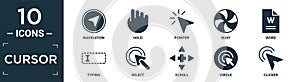 filled cursor icon set. contain flat navigation, hold, pointer, busy, word, typing, select, scroll, circle, clicker icons in