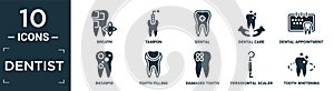 filled dentist icon set. contain flat breath, tampon, dental, dental care, dental appointment, bicuspid, tooth filling, damaged photo