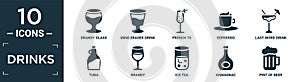 filled drinks icon set. contain flat brandy glass, mind eraser drink, french 75, espresso, last word drink, tuba, brandy, ice tea