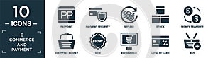 filled e commerce and payment icon set. contain flat paypoint, payment security, refund, stock, money transfer, shopping basket,