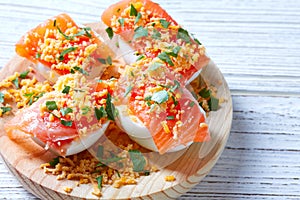 Filled eggs with salmon pinchos tapa Spain