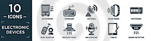 filled electronic devices icon set. contain flat air purifier, keyboard, antenna, smartband, rotisserie, baby monitor, exhaust