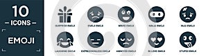 filled emoji icon set. contain flat surprise emoji, emoji weird ninja inju laughing expressionless annoyed in love stupid icons in