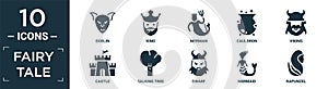 filled fairy tale icon set. contain flat goblin, king, merman, cauldron, viking, castle, talking tree, dwarf, mermaid, rapunzel