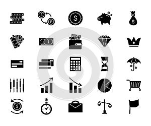 Filled finance and economy icons. Money, bank cards and jewelry. Statistics and quotes. Consumer basket, briefcase