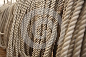 Filled frame background wallpaper photo of rows of beige plaited nautical tow ropes reeled together, hanging in lines on the deck