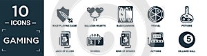 filled gaming icon set. contain flat role playing game, balloon hearts, backgammon, trivial, potions, jack of clubs, scores, king photo