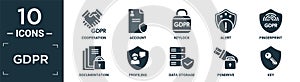filled gdpr icon set. contain flat cooperation, account, keylock, alert, fingerprint, documentation, profiling, data storage,