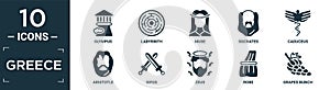 filled greece icon set. contain flat olympus, labyrinth, muse, socrates, caduceus, aristotle, xifos, zeus, robe, grapes bunch