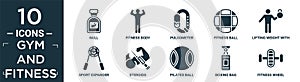 filled gym and fitness icon set. contain flat null, fitness body, pulsometer, fitness ball, lifting weight with right arm, sport
