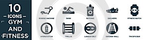 filled gym and fitness icon set. contain flat rowing machine, swim, isotonic, sneakers, fitness watch, hydratation, trellis, photo