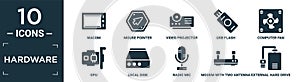 filled hardware icon set. contain flat wacom, mouse pointer, video projector, usb flash, computer fan, gpu, local disk, radio mic