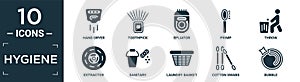 filled hygiene icon set. contain flat hand dryer, toothpick, epliator, primp, throw, extractor, sanitary, laundry basket, cotton