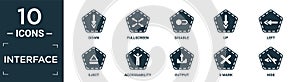 filled interface icon set. contain flat down, fullscreen, disable, up, left, eject, accessability, output, x mark, hide icons in