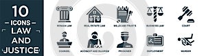 filled law and justice icon set. contain flat roman law, real estate law, wills and trusts, business law, court, counsel, accident