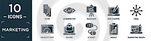 filled marketing icon set. contain flat flyer, business eye, diagrams, web graphic, viral, velocity test, buying, eticket, result