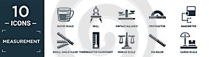 filled measurement icon set. contain flat water scale, null, vintage balance, protractor, nanometer, small angle ruler, photo