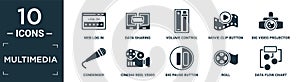 filled multimedia icon set. contain flat web log in, data sharing, volume control, movie clip button, big video projector,