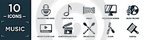 filled music icon set. contain flat microphone voice recording, eighth note, simile, television screen off, music record, movie photo