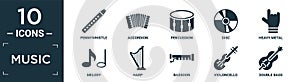 filled music icon set. contain flat pennywhistle, accordion, percussion, disc, heavy metal, melody, harp, bassoon, violoncello,