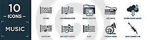 filled music icon set. contain flat segno, demisemiquaver, image archive, melodica, downloaded music cloud, crotchet, sixteenth