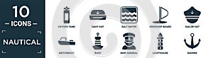 filled nautical icon set. contain flat oxygen tank, navy hat, salt water, windsurf board, sailor hat, motorboat, buoy, ship