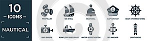 filled nautical icon set. contain flat propeller, big shell, boat bell, captain hat, boat steering wheel, ship engine, roofless