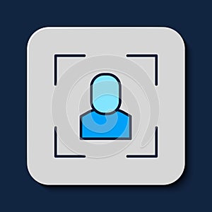 Filled outline Camera focus frame line icon isolated on blue background. Vector