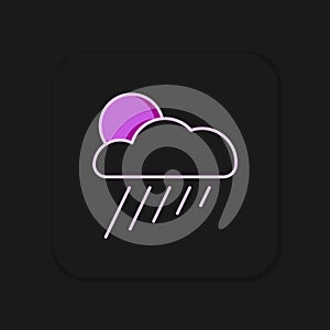 Filled outline Cloud with rain and sun icon isolated on black background. Rain cloud precipitation with rain drops. Flat photo