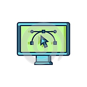 Filled outline Computer display with vector design program icon isolated on isolated on white background. Photo editor