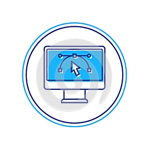 Filled outline Computer display with vector design program icon isolated on isolated on white background. Photo editor