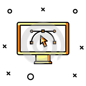 Filled outline Computer display with vector design program icon isolated on isolated on white background. Photo editor