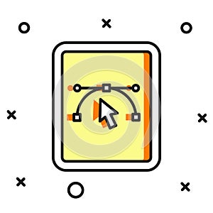 Filled outline Computer display with vector design program icon isolated on isolated on white background. Photo editor