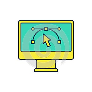 Filled outline Computer display with vector design program icon isolated on isolated on white background. Photo editor