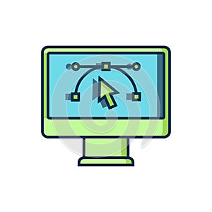 Filled outline Computer display with vector design program icon isolated on isolated on white background. Photo editor