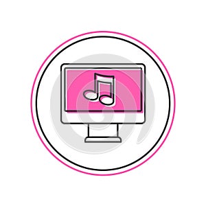 Filled outline Computer with music note symbol on screen icon isolated on white background. Vector