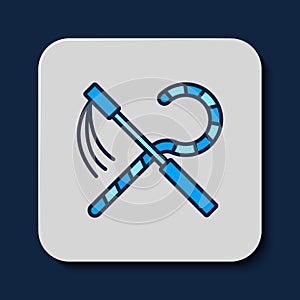 Filled outline Crook and flail icon isolated on blue background. Ancient Egypt symbol. Scepters of egypt. Vector