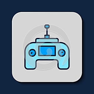 Filled outline Drone radio remote control transmitter icon isolated on blue background. Vector