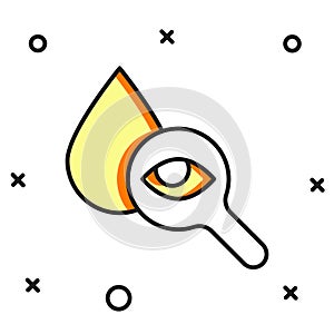 Filled outline Drop and magnifying glass icon isolated on white background. Flat filled outline style with shadow