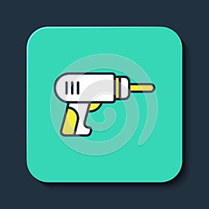 Filled outline Electric drill machine icon isolated on blue background. Repair tool. Turquoise square button. Vector