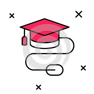 Filled outline Graduation cap with mouse icon isolated on white background. World education symbol. Online learning or e