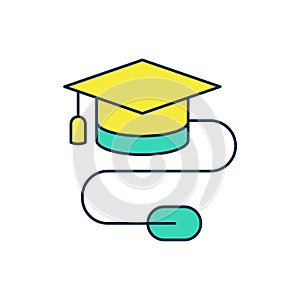 Filled outline Graduation cap with mouse icon isolated on white background. World education symbol. Online learning or e